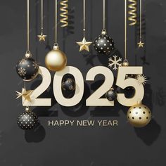 a happy new year card with ornaments hanging from the strings and numbers that spell out 205