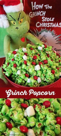 the grinch popcorn recipe is ready to be eaten and put on display for christmas