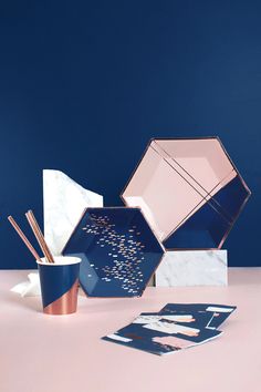 Enhance your dinner table and dessert station with our beautiful and bold abstract lunch napkins! Colors: navy, white, pale pink, rose gold foil Material: paper napkins Size: approx. 6.5" folded 20 napkins per pack Gold Place Setting, Party Boutique, Rose Gold Paper, Gold Foil Paper, Party Setup, Rose Gold Party, Napkin Design, Gold Party, Gold Paper