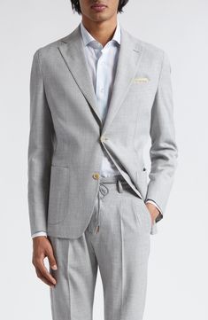 This soft, unstructured jacket is tailored from a rich mélange suiting fabric woven from wool, silk and linen and left unlined for comfort in warmer weather. Notched lapels Chest welt pocket; side patch pockets Unlined 71% wool, 15% silk, 14% linen Dry clean Made in Italy Designer Clothing Grey Linen Suit, Unstructured Jacket, Suiting Fabric, Linen Suit, Gray Linen, Welt Pocket, Light Gray, Woven Fabric, Light Grey