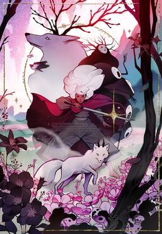 the wolf and the girl are surrounded by flowers