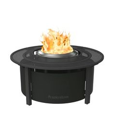 a black fire pit with flames on it