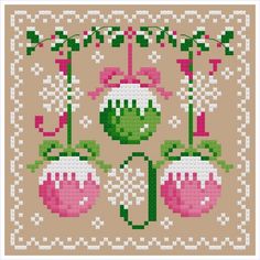 a cross stitch pattern with pink flowers and green leaves on the bottom half of it