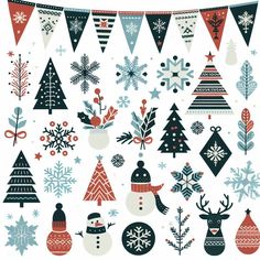 christmas decorations and snowflakes are hanging from a line on a white background with red, blue, and green colors