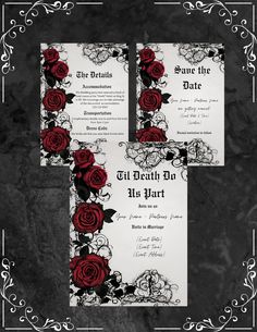 two wedding cards with red roses on them