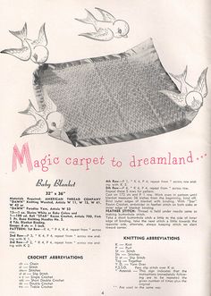 an advertisement for magic carpet to dreamland with birds flying over the bed and in the air