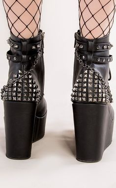 POISON-101 Black Boots-Demonia-Tragic Beautiful Glam Rock Style, Demonia Boots, Demonia Shoes, The Poison, Studded Heels, Black Vegan, Platform Ankle Boots, Cute Charms, Glam Rock