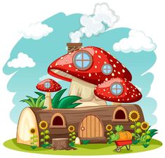 a mushroom house with sunflowers in the yard