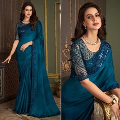 Teal Blue colored saree is prettified with sequins work as shown which makes it appear classy. This saree is made of chiffon fabric which is accompanied with banglori silk blouse piece which you can customise as per your design/style. Women can buy this saree to wear for their parties, reception and events. Note:- The actual product may differ slightly in color and design from the one illustrated in the images when compared with computer or mobile screen. Measurements: Saree : Chiffon : 5.5 Mtrs Blouse : Chiffon : 0.8 Mtr Material: Chiffon Stitch Type: Unstitched Country of Origin: India Care Guide: Dry Clean Blue Zari Work Party Wear Pre-draped Saree, Blue Sequined Pre-draped Saree, Blue Resham Embroidery Blouse For Evening, Semi-stitched Tissue Silk Saree For Evening, Blue Georgette Blouse Piece For Party Wear, Blue Zari Work Pre-draped Party Saree, Blue Party Wear Saree With Zari Work, Blue Mirror Work Blouse Piece For Party, Party Wear Chiffon Saree With Sheer Dupatta