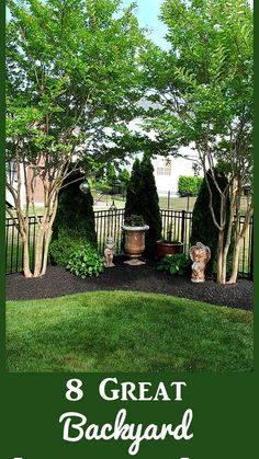 an image of a backyard with trees and shrubs in the background text reads 8 great backyard landscaping tips