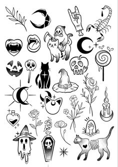 an assortment of halloween tattoos on a white background, with black and white images in the middle