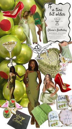 a collage of green and red items including shoes, cake, napkins, and cards