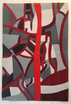 an abstract painting with red, grey and white lines on the bottom half of it