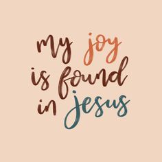 the words, my joy is found in jesus on a pink background with brown and blue lettering