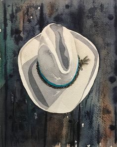 a painting of a white hat on top of a blue and black background with watercolors