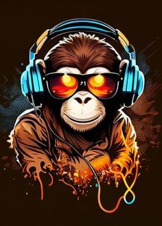 a monkey with headphones and glasses on it's face, wearing headphones