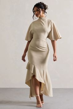 Lavinia Champagne High-Neck Flutter-Sleeve Asymmetric Maxi Dress – Club L London - USA Chic Champagne Floor-length Evening Dress, Chic Champagne Floor-length Dress, Chic Champagne Maxi Dress For Gala, Beige Evening Dress For Wedding Guest, Elegant Beige Midi Evening Dress, Beige Maxi Length Cocktail Dress, Beige Midi Length Evening Dress, Cream Maxi Evening Dress For Party, Cream Maxi Length Evening Dress For Party