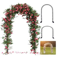 an arch with pink flowers on it next to a white backdrop and a photo of the archway