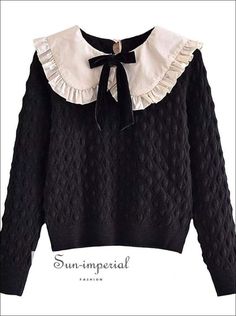 Women Black with White Lace Peter Pan Collar and Bow Tie Knot Knit Sweater Long Sleeve Pullover Bohemian Style Sweater Peter Pan Collar, Bow Tie Knot, Patchwork Clothing, Autumn Decoration, Bow Sweater, Black Knit Sweater, Sweater Crop, Retro Mode, Collar Sweater