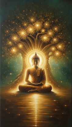 a painting of a buddha sitting in front of a tree with glowing lights on it