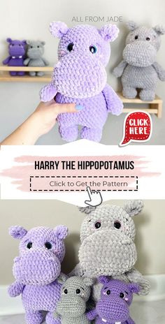 a crocheted hippopotamus stuffed animal is shown with the caption harry the hippopotamus click to get the pattern