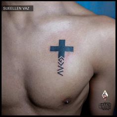 a man with a cross tattoo on his chest