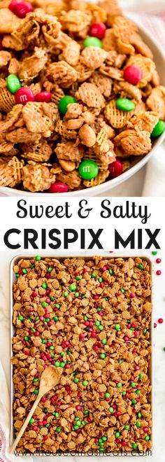 two pictures with the words sweet and salty crispix mix in front of them,