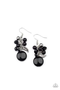 A cluster of black faceted beads, accented with a shiny silver bead and a delicate silver feather, tumble together atop a flattened black bead for a whimsical finish. Earring attaches to a standard fishhook fitting.

 Sold as one pair of earrings. Paparazzi Accessories Jewelry, Feather Earrings Silver, Silver Feather, Feather Charms, Fish Hook Earrings, Paparazzi Accessories, Onyx Bead, Black Earrings, Silver Bead