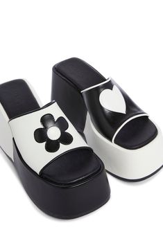 cuz we're all in this together! These mule sandals have a color blocked vegan leather construction, heart and daisy graphics, and platform wedge soles. Black Platform Wedges, Chunky Platform Sandals, Tabi Shoes, Black Platform Sandals, Shoe Gallery, Black Platform Heels, Monochrome Fashion, Fresh Shoes