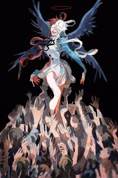 an anime character is surrounded by people in front of her, with wings flying over her head