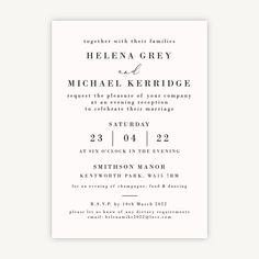 an elegant wedding card with the wording in black and white, on top of a plain