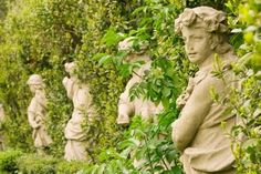 many statues are lined up in the bushes