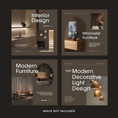 the interior design brochure is shown in four different colors and sizes, including brown