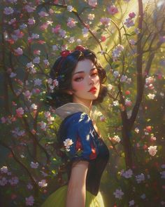 a painting of snow white standing in front of some trees with flowers on their branches