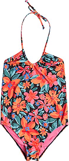 Fit and Design: Girls’ fitted one piece swimsuit Halter neck with tie Moderate coverage Soft stretch blend fabric Cute all-over floral print Technology: Chlorine-resistant fabric Roxy Girls, Swimsuits Halter, Athletic Outfits, Halter Neck, Roxy, One Piece Swimsuit, Floral Print, Girl Outfits, Floral Prints