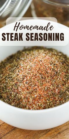 homemade steak seasoning in a white bowl on a wooden table with text overlay