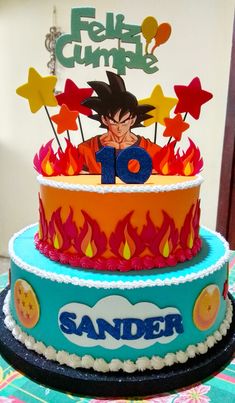 the birthday cake is decorated with an image of gohan and his name on it