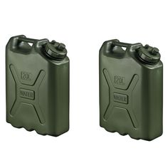 two green jerry canisters sitting side by side