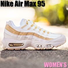 New Nike Air Max 95 Women's Running Shoes - "Desert Sand Gold" The first Nike shoe to feature a visible forefoot Air unit, the Air Max 95 retains its relevance through its many interpretations, including the Women's Air Max 95 sneaker in 'Desert Sand Gold.' The upper is constructed with genuine and synthetic leather, showing off the Air Max 95's distinct ripple design in a neutral and gold colorway. The Max Air unit supports the sole for adaptive cushioning and comfort. Product Features Leather, Womens Nike Air Max 270, Air Max 90 Black, Nike Free Flyknit, Nike Neon, Shoes Nike Air, Nike Air Max Thea, Nike Gold, Air Max Women, Nike Air Max For Women