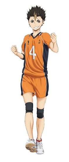 an anime character in orange and black uniform with his hands up, standing on one leg