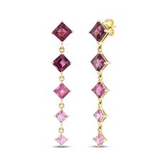 With drama and dazzle, these pink gemstone drop earrings are a whimsical work of art. 10K yellow gold Graduated-size square-cut gemstones — including rhodolite garnets, pink sapphires and pink tourmalines — cascade in a vibrant color gradient Friction backs Pink Multi-stone Earrings In Fine Jewelry Style, Pink Multi-stone Earrings Fine Jewelry, Pink Multi-stone Earrings For Anniversary, Fine Jewelry Pink Briolette Earrings, Pink Briolette Fine Jewelry Earrings, Pink Multi-stone Earrings For Gift, Gemstone Drop Earrings, Color Gradient, Rhodolite Garnet