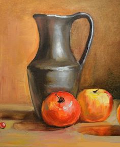 an oil painting of apples and a vase