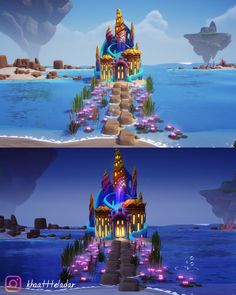 two different views of a castle in the ocean