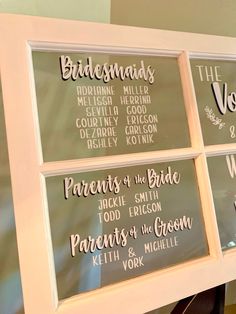 three framed menus with names on them