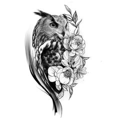 an owl and flowers tattoo design on the back of a woman's shoulder,