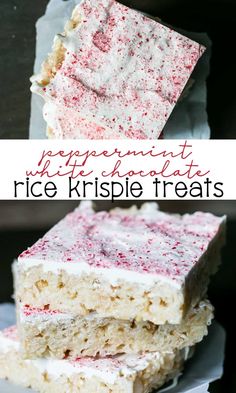 three different types of rice krispy treats stacked on top of each other with text overlay