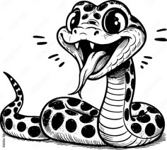 a black and white drawing of a snake with its mouth open, it's tongue out