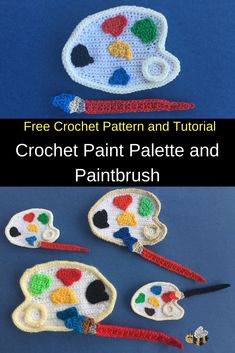 crochet paint palette and paintbrush with text overlay that says free crochet pattern and video