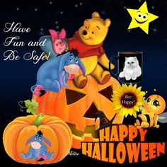 winnie the pooh and friends on pumpkins with happy halloween written in it's center