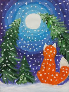 an acrylic painting of a fox sitting in the snow with trees around it